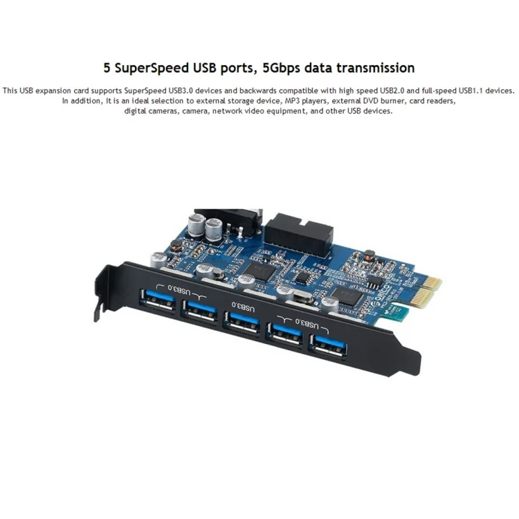 PC3022B_5.webp ORICO PVU3-5O2I USB3.0 * 5 + 20Pin Slot * 1 PCI Express Card for Desktop, 5Gbps Superspeed Data Transmission - Image 6