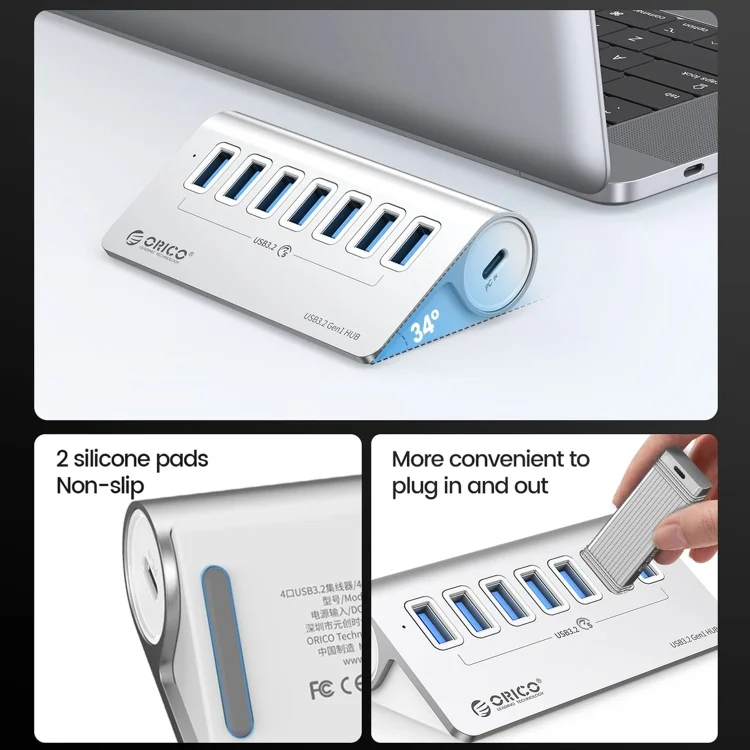 PC3085S_3.webp ORICO M3U7 Aluminum Alloy 7-Port USB 3.2 Gen1 5Gbps HUB with 0.5m Cable - Image 4