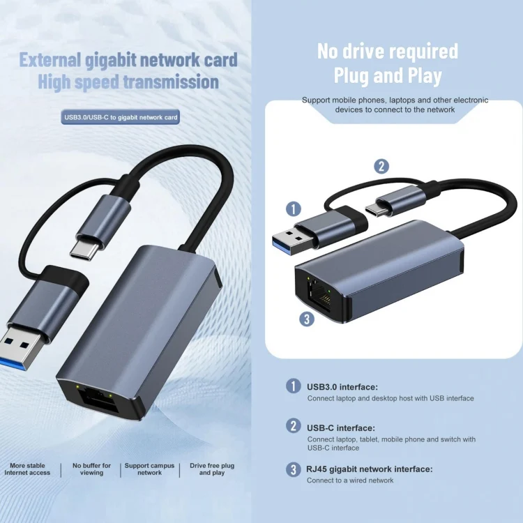 PC4411_5.webp BYL-2207TU 2 in 1 USB + Type-C to RJ45 Docking Station HUB Adapter - Image 6