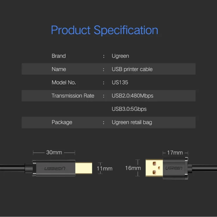 PC6568_7.webp UGREEN USB 2.0 Nickel-plated Printer Cable Data Cable, For Canon, Epson, HP, Cable Length: 1m - Image 8