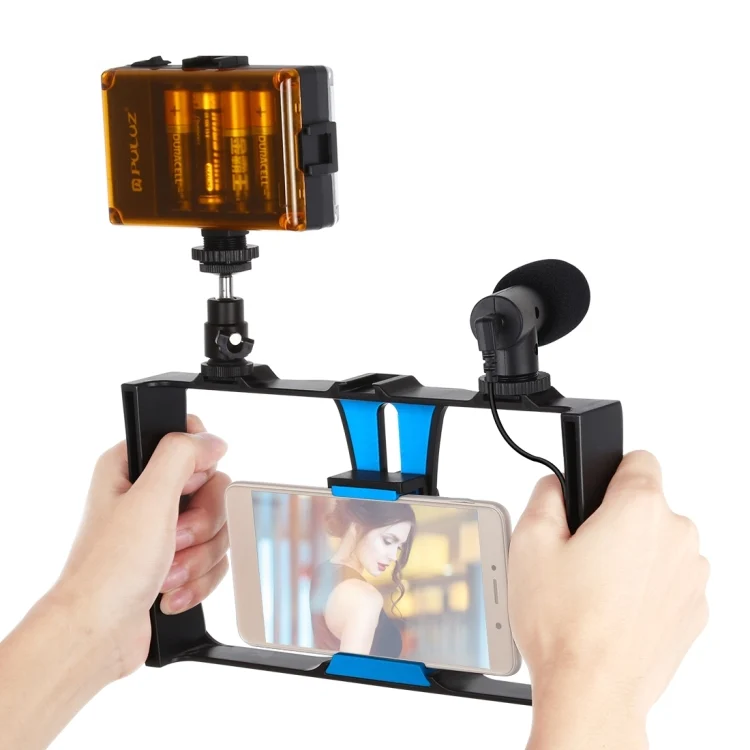 PULUZ 3 in 1 Vlogging Live Broadcast LED Selfie Light Smartphone Video Rig Kits with Microphone + Cold Shoe Tripod Head for iPhone, Galaxy, Huawei, Xiaomi, HTC, LG, Google, and Other Smartphones
