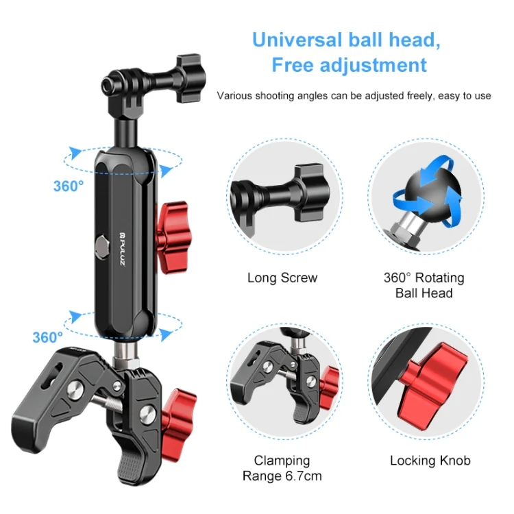 PU3211_3.webp PULUZ Motorcycle Handlebar Crab Clamp CNC Metal Magic Arm Rod Mount - Image 4