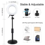 PULUZ Round Base Desktop Holder + 4.7 inch 12cm 3 Modes USB Dimmable LED Ring Vlogging Video Light, Adjustable Height: 15.5cm-25.5cm - Image 3