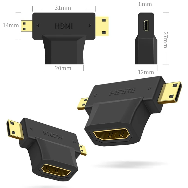 S-HDMI-0008_1.webp 3 in 1 HDMI Female to Mini HDMI Male + Micro HDMI Male Adapter(Black) - Image 2