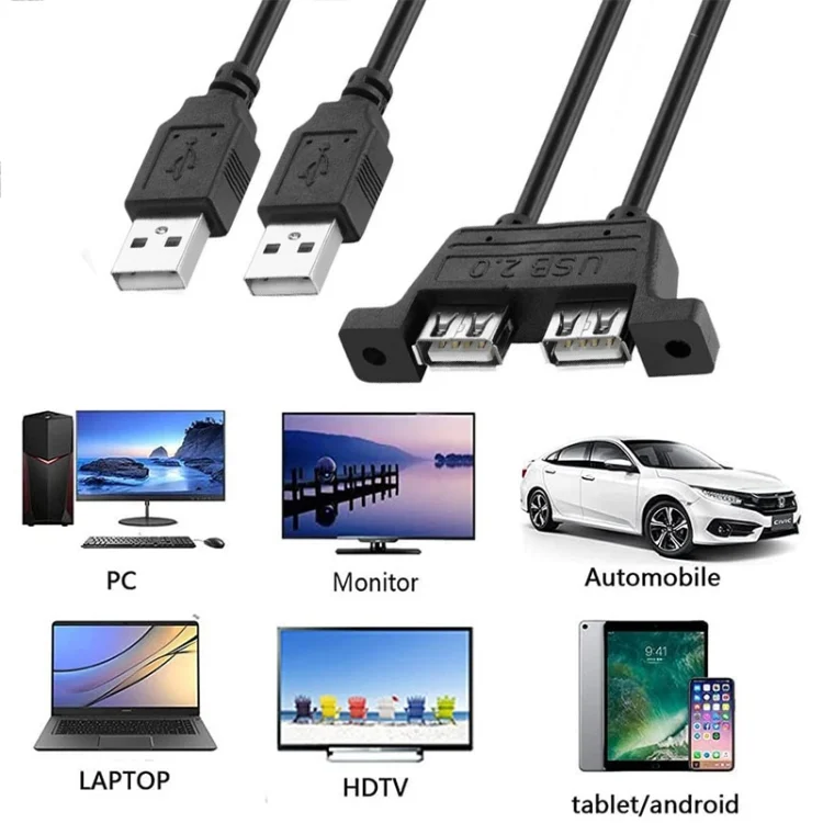 S-PC-0308_4.webp 2 USB 2.0 Male to 2-port USB 2.0 Female with 2 Screw Holes Extension Cable, Length: 50cm - Image 5