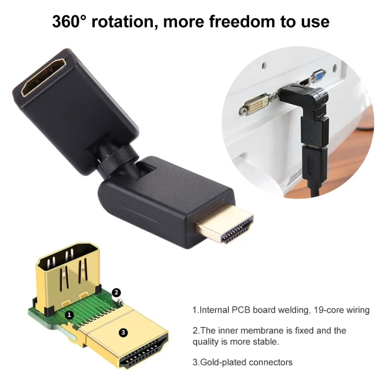 S-PC-0337_4.webp HDMI 19 Pin Male to Female 360 Degree SWIVEL Adaptor (Gold Plated)(Black) - Image 5