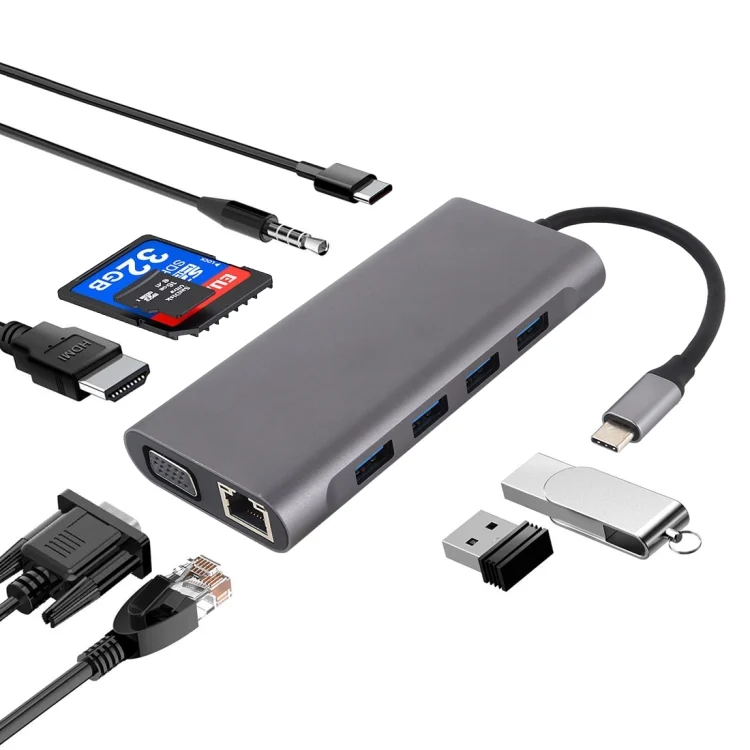 SAS4536DG.webp 11 in 1 VGA + LAN Port + 4 x USB 3.0 + SD / TF Card + HDMI + Audio Port + USB-C / Type-C Female to USB-C / Type-C HUB Adapter - Image 1