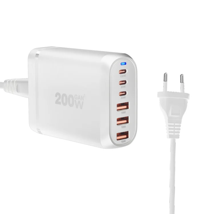 GaN PD100W Type-C x 3 + USB x 3 Multi Port Laptop Adapter, White