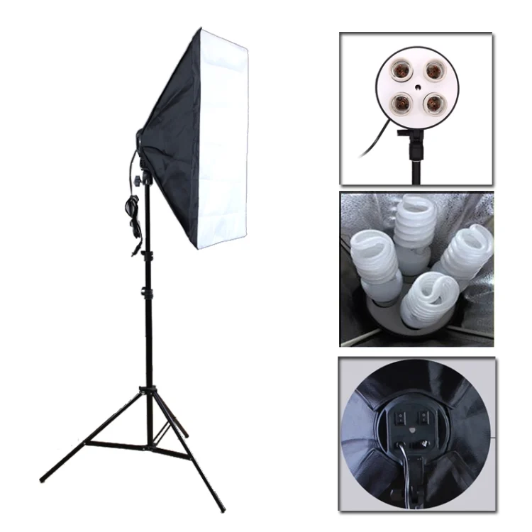Photo Studio Softbox Kit (Four Socket Lamp Holder + 50 X 70cm Flash Lighting Softbox +2m Light Stand), EU Plug