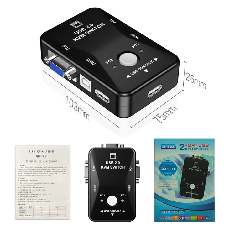 TBD0588223301_B2.webp HW1701  2 into 1 out KVM Switcher 2 Port Manual VGA Switch USB With Keyboard Mouse Switching - Image 3