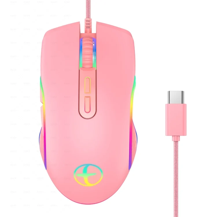 E32 7 Keys 3200 DPI Pink Girls RGB Glowing Wired Mouse Gaming Mouse, Interface:
