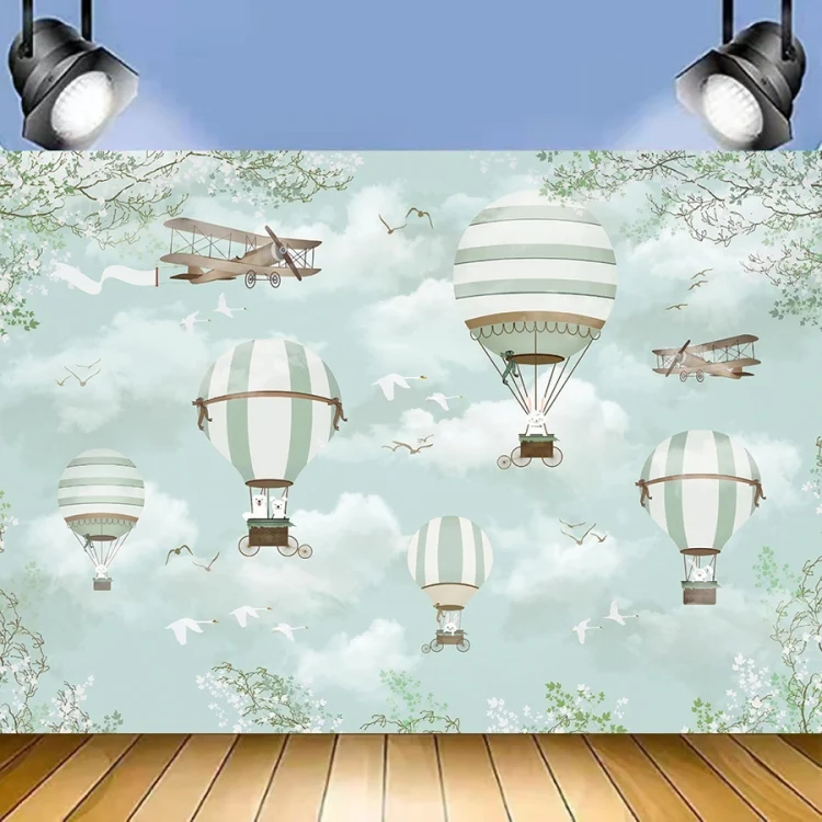 1.5m X 1m Cartoon Airplane Hot Air Balloon Theme Birthday Background Cloth Photography Decoration Backdrop