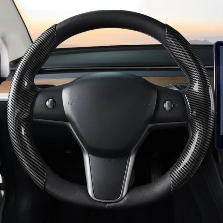 For Tesla Model3/Y 30cm Carbon Fiber Pattern Steering Wheel Handlebar Cover