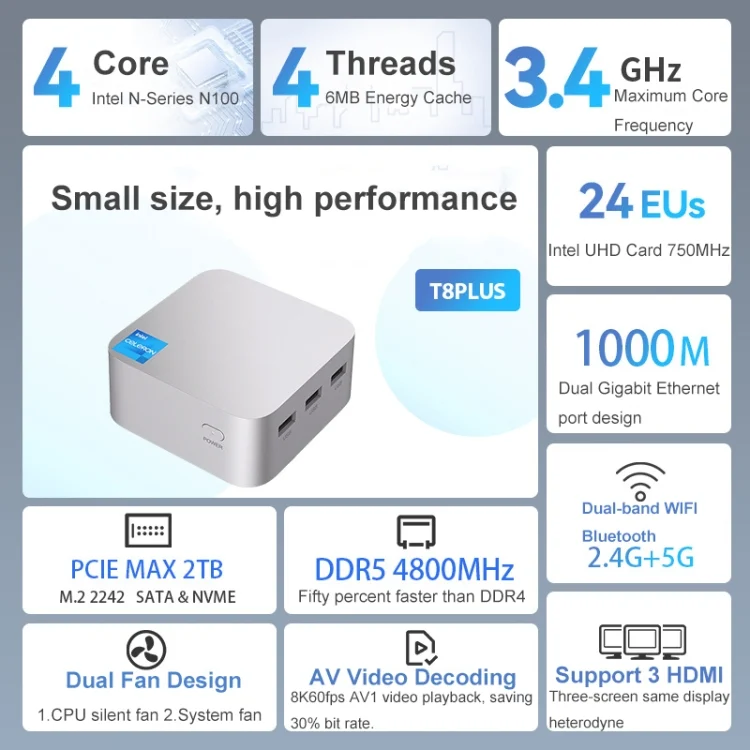 TBD06045315_B1.webp T8Plus Alder Lake-N100 4K Dual Band WIFI Bluetooth Office Game Portable Mini PC - Image 2