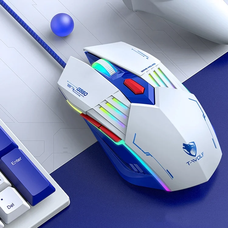 T-WOLF G560 6-keys Cool Breathing Light Gaming Wired Mouse Mechanical Office Silent Mouse