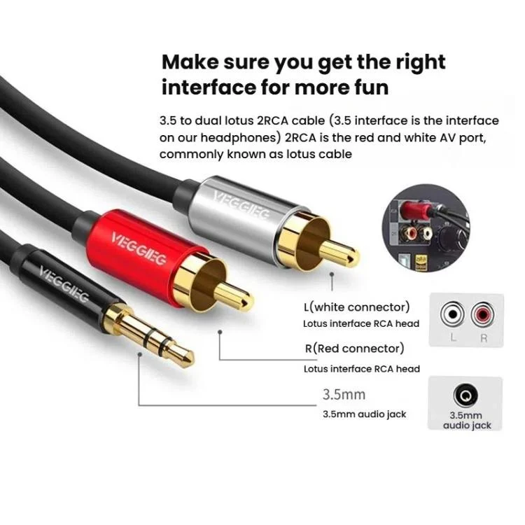 TBD06060000_B3.webp VEGGIEG 3.5mm 3.5 To 2RCA Audio Cable Cell Phone Computer Speaker Connection Cable - Image 4