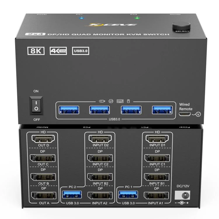 KCEVE KC-KVM204D3 HDMI+3 DP Ports KVM Switch Supports 4 Displays 2 Computers 4K 144Hz / 8K 60Hz