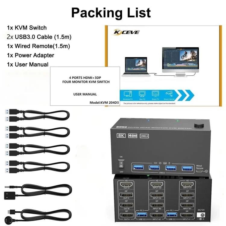 TBD06061541_B3.webp KCEVE KC-KVM204D3 HDMI+3 DP Ports KVM Switch Supports 4 Displays 2 Computers 4K 144Hz / 8K 60Hz - Image 4