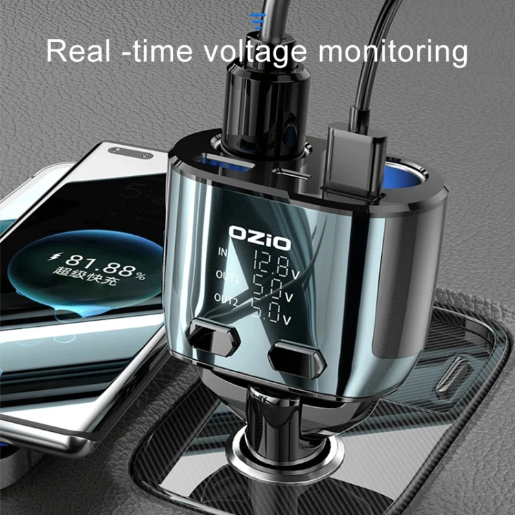 CAR2797_4.webp Ozio CL48TC 66W PD 20W + USB Dual Port Multi-function Car Charger with Dual Cigarette Lighters - Image 5
