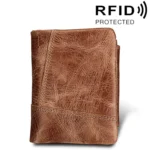 Genuine Cowhide Leather Crazy Horse Texture Zipper 3-folding Short Style Card Holder Wallet RFID Blocking Coin Purse Card Bag Protect Case for Men, Size: 12*9.5*4cm(Taupe)