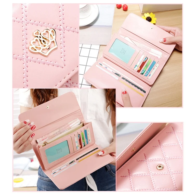 CCB1114B_2.webp Fashion Argyles Texture Metal Crown 3-Folding Long Design PU Leather Wallet Coin Purse for Women - Image 5