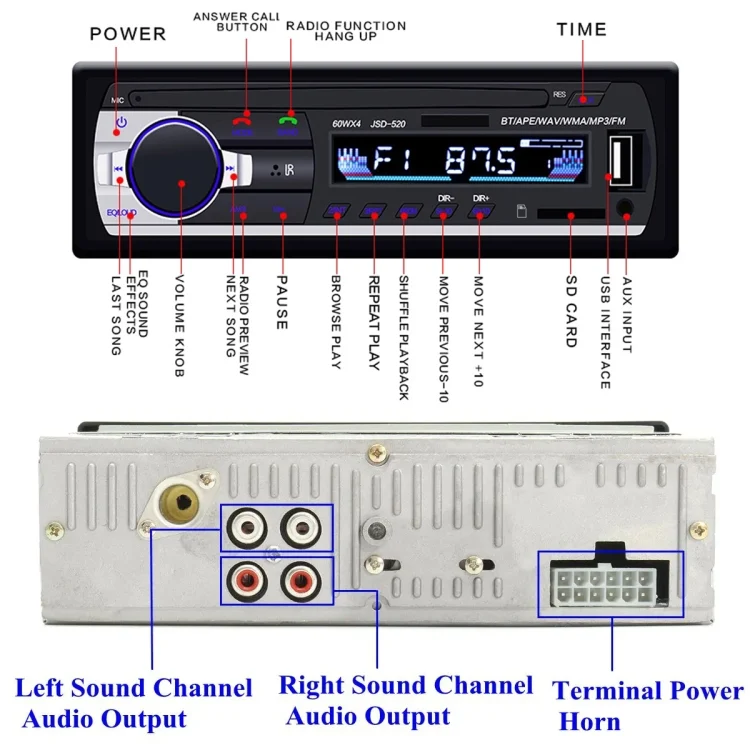 CMS2063_2.webp JSD-520 Car Stereo Radio MP3 Audio Player Support Bluetooth Hand-free Calling / FM / USB / SD, Ordinary Version - Image 3