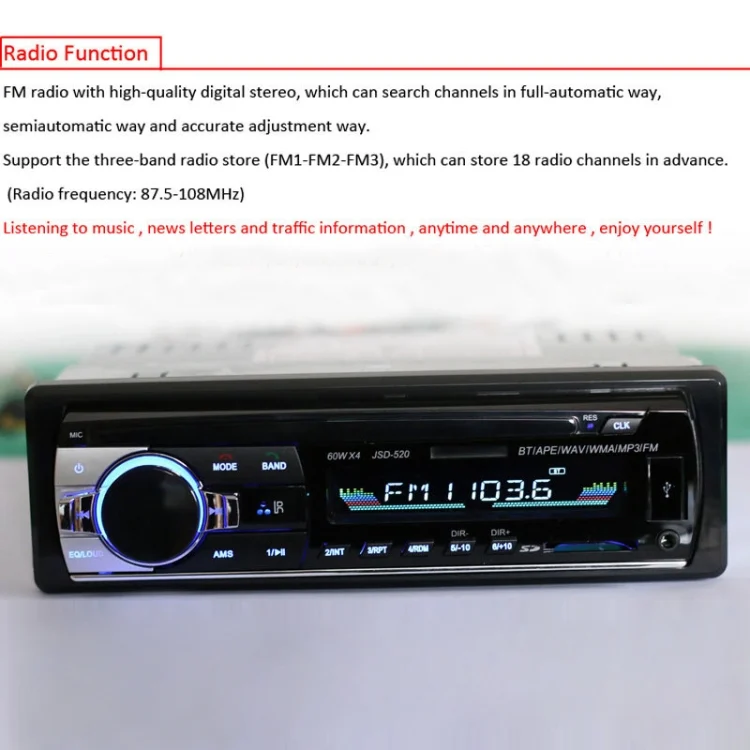 CMS2063_8.webp JSD-520 Car Stereo Radio MP3 Audio Player Support Bluetooth Hand-free Calling / FM / USB / SD, Ordinary Version - Image 9