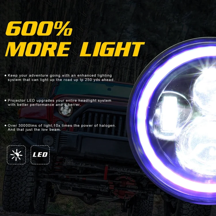 CMS2540_5.webp 7 inch H4 / H13 DC 9V-30V 3000LM 6000K 30W IP67 4LED Lamp Beads Car Round Shape LED Headlight Lamps for Jeep Wrangler / Harley, with Angel Eye - Image 6