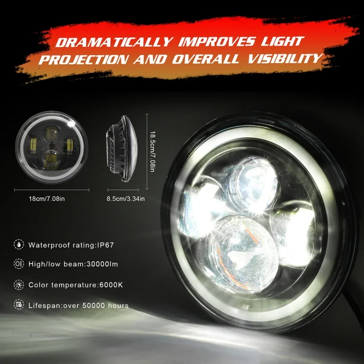 CMS2540_6.webp 7 inch H4 / H13 DC 9V-30V 3000LM 6000K 30W IP67 4LED Lamp Beads Car Round Shape LED Headlight Lamps for Jeep Wrangler / Harley, with Angel Eye - Image 7