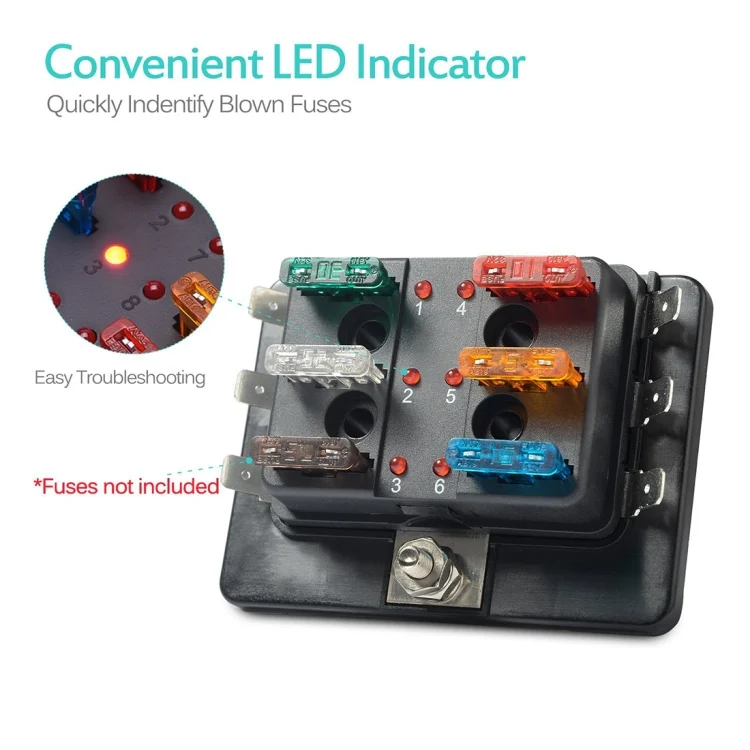 CMS2877_3.webp Universal 6 Way Fuse Box Block Fuse Holder Box Car Vehicle Circuit Automotive Blade Tool 6 Way Fuse Block, DC 10V-32V - Image 4