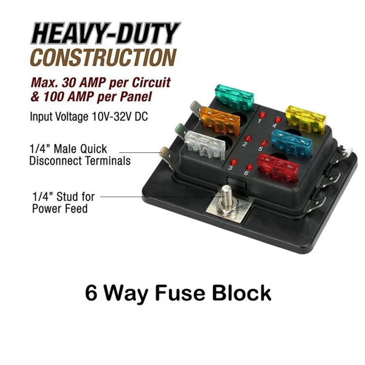 CMS2877_7.webp Universal 6 Way Fuse Box Block Fuse Holder Box Car Vehicle Circuit Automotive Blade Tool 6 Way Fuse Block, DC 10V-32V - Image 8