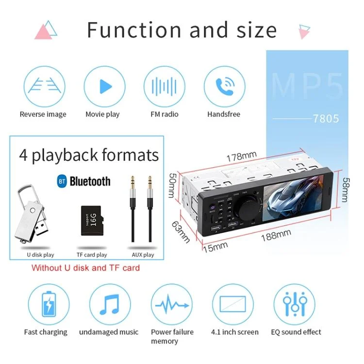CMS3705_4.webp 7805 4.1 inch Universal Car Radio Receiver MP5 Player, Support FM & Bluetooth & TF Card with Remote Control - Image 5