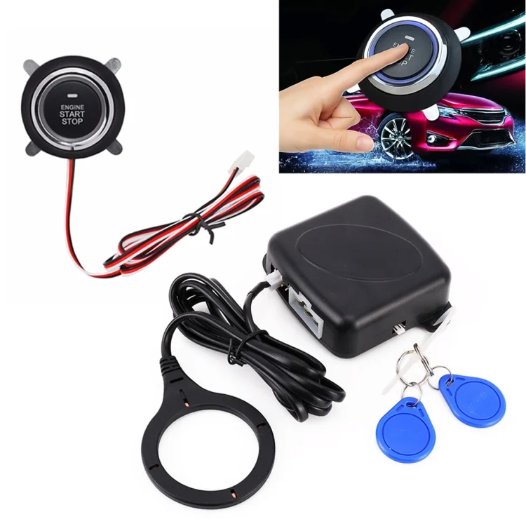 Smart Car Switch Car Engine Start Stop Switch Car Push Start Switch, with RFID Alarm System, Blue Light