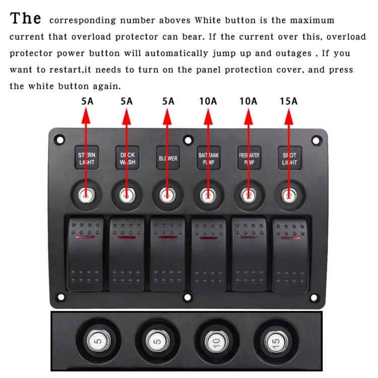 CMS7343_6.webp 3Pin 6 Way Switches Combination Switch Panel with Light and Projector Lens for Car RV Marine Boat - Image 7