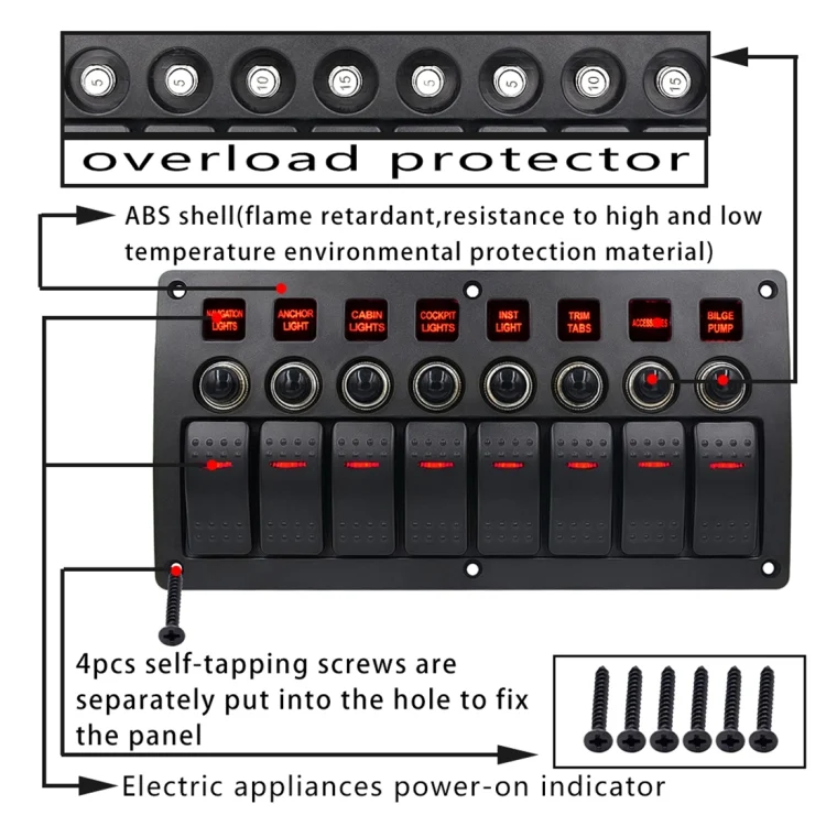 CMS7344_4.webp 3Pin 8 Way Switches Combination Switch Panel with Light and Projector Lens for Car RV Marine Boat - Image 5