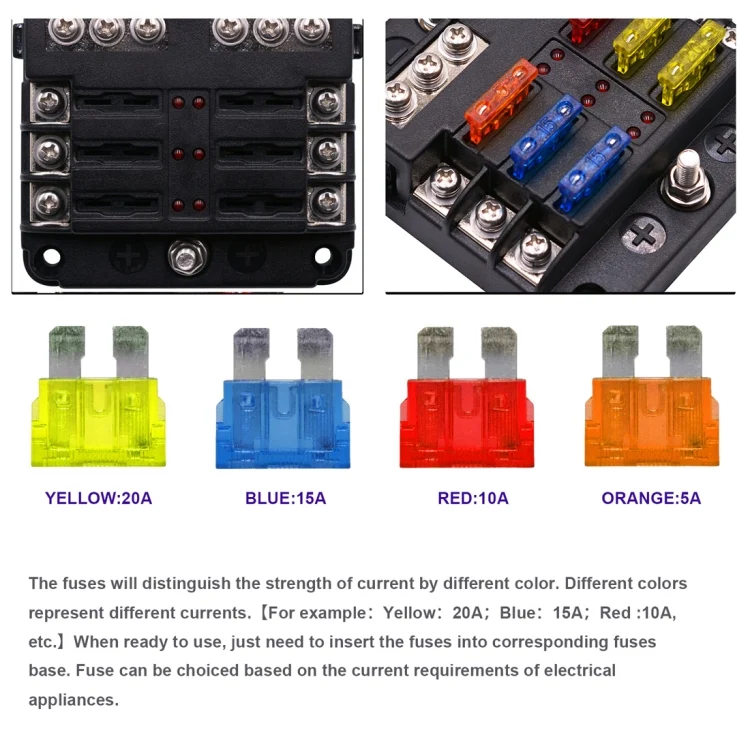 CMS9939_5.webp Independent Positive and Negative 1 in 6 Out 6 Way Circuit Blade Fuse Box Fuse Holder Kits with LED Warning Indicator for Auto Car Truck Boat - Image 6