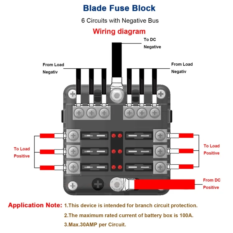 CMS9939_6.webp Independent Positive and Negative 1 in 6 Out 6 Way Circuit Blade Fuse Box Fuse Holder Kits with LED Warning Indicator for Auto Car Truck Boat - Image 7