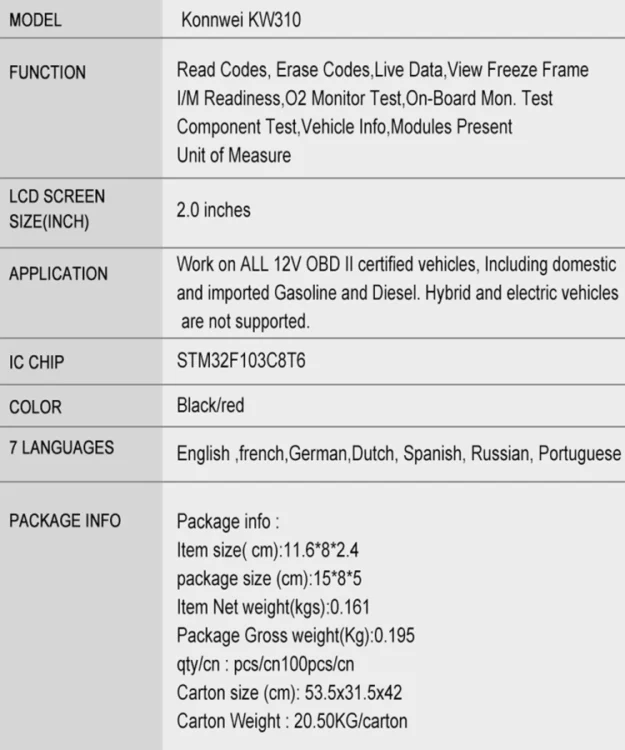 CRP1094B_16.webp KONNWEI KW310 OBD Car Fault Detector Code Reader ELM327 OBD2 Scanner Diagnostic Tool - Image 17