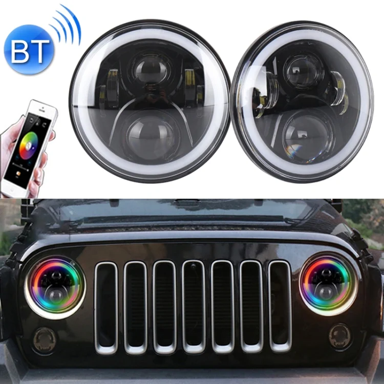2 PCS 7 inch DC12V 6000K-6500K 50W Car LED Headlight Lamp Beads for Jeep Wrangler / Harley, Support APP + Bluetooth Control(Black)