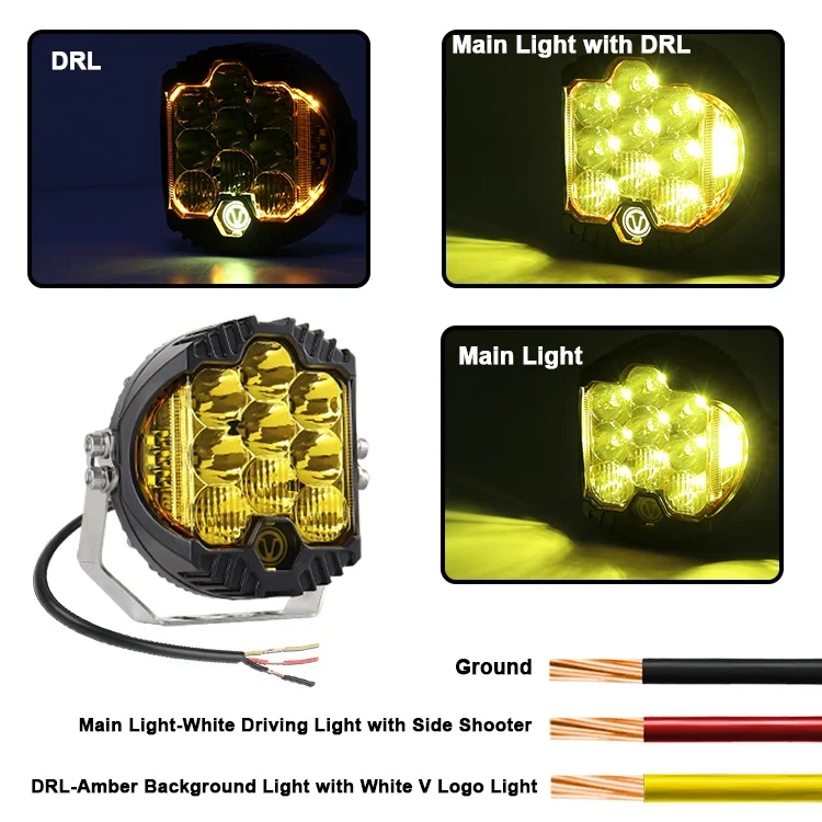 CRP3705_5.webp OL-1950Y 5 inch DC12V-30V 5000LM 6500K 50W Car LED Light on Three Sides Headlight for Jeep Wrangler (Gold Light) - Image 6