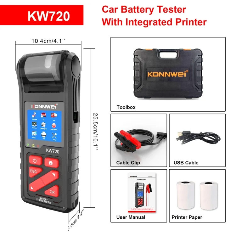 CRP5713_8.webp KONNWEI KW720 Car 3.2 inch 6V-24V Lead-acid Battery Tester with Printer - Image 9