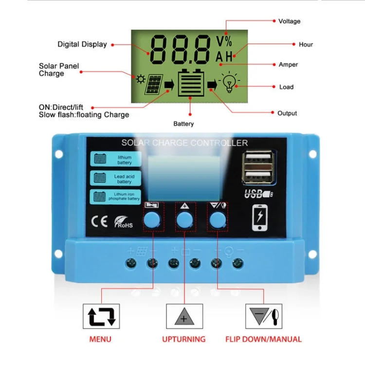 CRP59382_2.webp 20A Solar Charge Controller 12V / 24V Lithium Lead-Acid Battery Charge Discharge PV Controller - Image 3