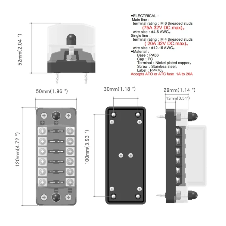 CRP6056_8.webp ZH-978A1 FB1901 1 In 6 Out 6 Ways Independent Positive Negative Fuse Box with 12 Fuses for Auto Car Truck Boat - Image 9