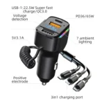 K4 Car 3 in 1 PD + USB Dual Port Fast Charger with Spring Data Cable - Image 2