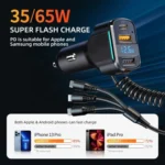 K4 Car 3 in 1 PD + USB Dual Port Fast Charger with Spring Data Cable - Image 5