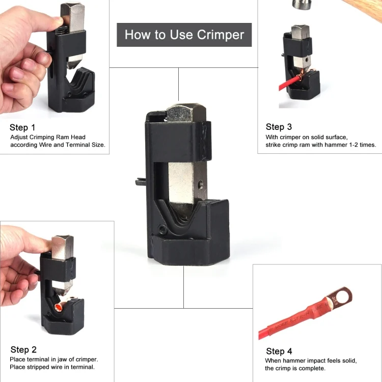CRP9349_6.webp Car Battery Cable Hammer Crimper Hammer Lug Crimper Tool Pliers with T2 Copper 2 x 5/16 Heavy-duty Cold-pressed Wire Terminals - Image 7