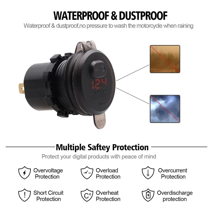 CRP9981RL_3.webp Universal Car Single Port USB Charger Power Outlet Adapter 2.4A 5V IP66 with LED Digital Voltmeter + Switch + 60cm Cable - Image 4