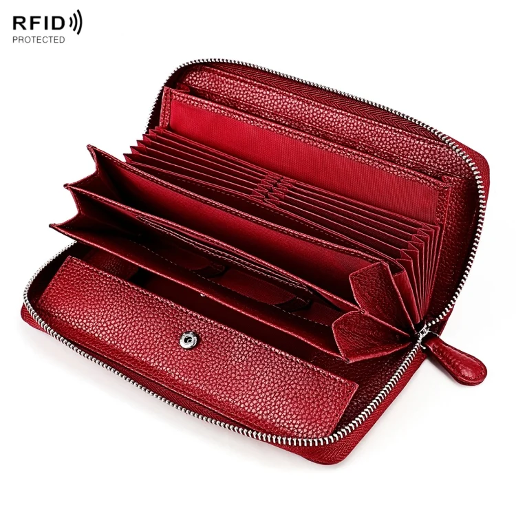 RFID Lychee Texture Fashion Organ Clutch Ladies Zipper Long Change Bag