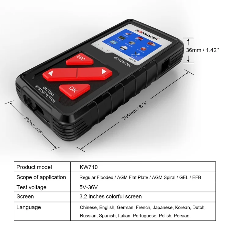 EDA0018355_1.webp KONNWEI KW710 Car 3.2 inch 6V-24V Lead-acid Battery Tester Support 13 Languages - Image 2