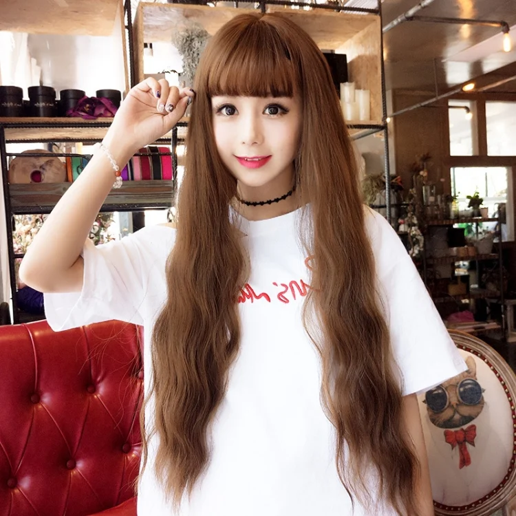 EDA00247701B_1.webp Air Bangs Fluffy Corn Blanching Water Ripple Long Curly Hair Wig Rose Net Headgear for Women - Image 2